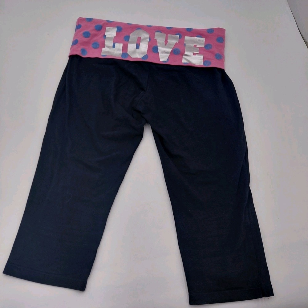 Vtg Y2K Black Foldover Yoga Leggings Capri LOVE Teen L Mall Pokadot 2000s Preppy